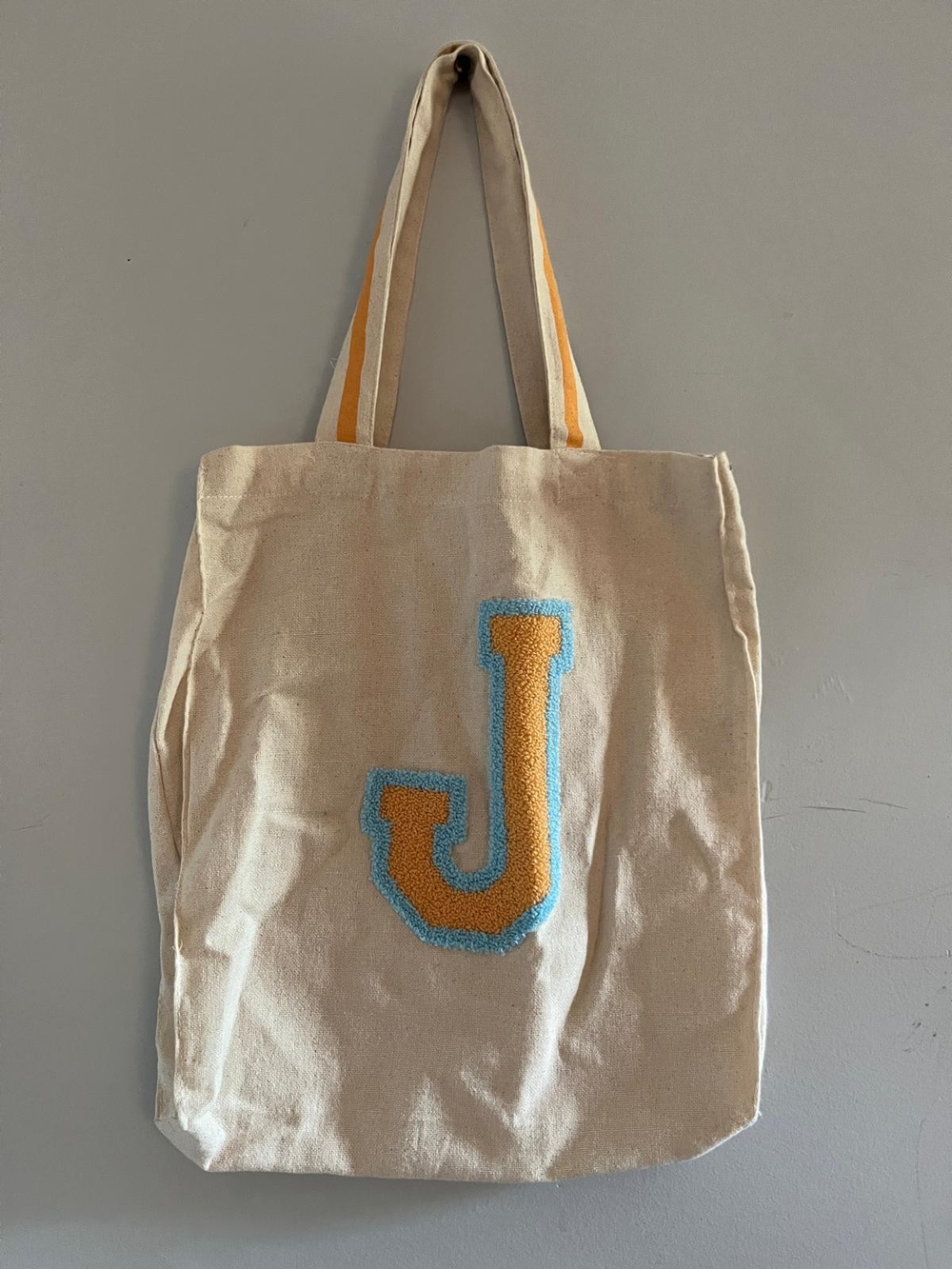 Primark Beige Canvas Tote with Yellow Chenille 'J' and Blue Trim